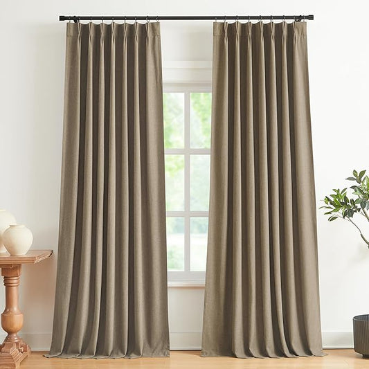 Vision Home Brown Pinch Pleated Full Blackout Curtains Linen Blended Room Darkening Window Curtains 108 inch for Living Room Bedroom Thermal Insulated Pinch Pleat Drapes with Hooks 40" Wx108 Lx2