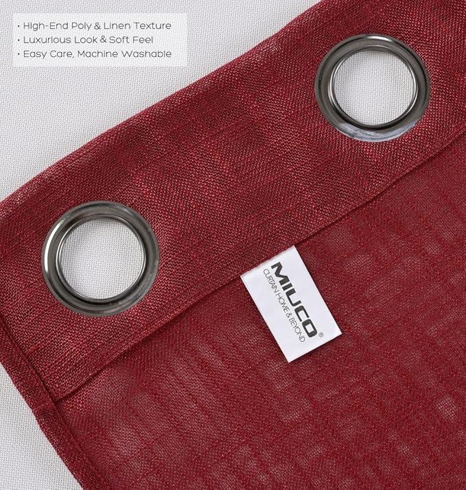 MIUCO Semi Sheer Curtains Poly Linen Textured Solid Grommet Curtains 95 Inches Long for Window Treatment 2 Panels (2 x 37 Wide x 95" Long) Burgundy