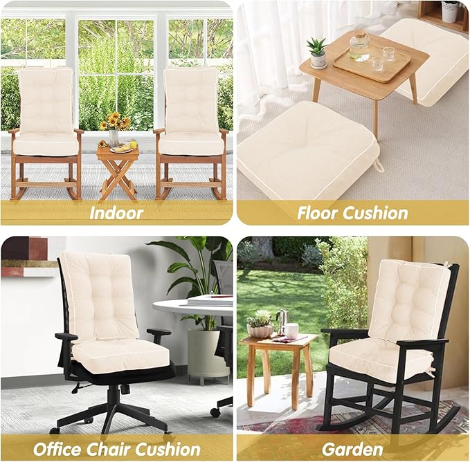 YZ HOME Rocking Chair Cushion, Set of Thicken Seat & Back Chair Cushions with Memory Foam, Non-Slip Chair Pad with Ties for for Indoor&Outdoor Rocker, Beige, 22x17x5/17x17x5