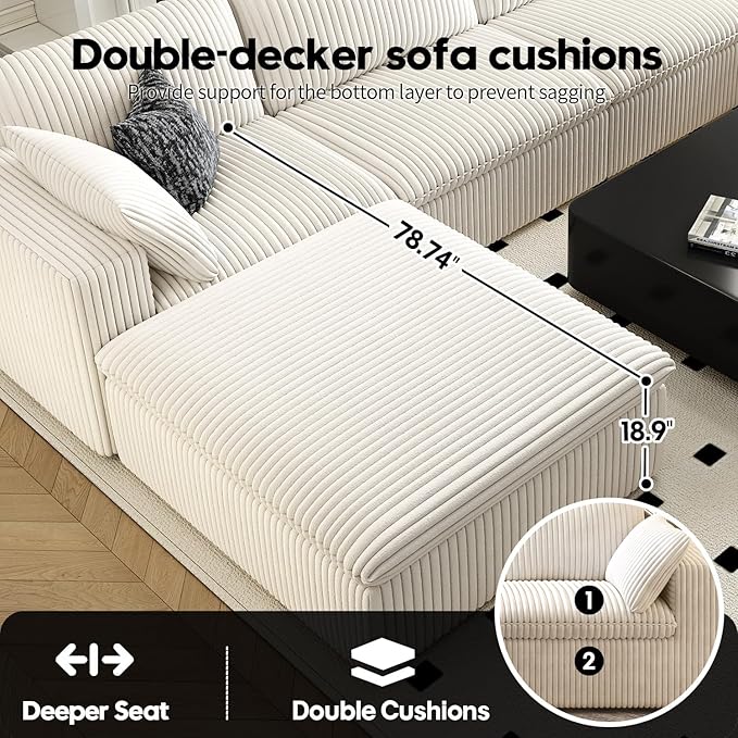 LoveSeat Cloud Couch Modular Sectional Sofa for Living Room,Modern Sofa with Deep Seat，2 Seater Boneless Couch,Comfy Upholstered Corduroy Couches for Apartment, Studio, Office,Bedroom，White