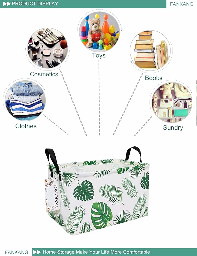 FANKANG Storage Bins, Nursery Hamper Canvas Laundry Basket Foldable with Waterproof PE Coating Large Storage Baskets for Kids Boys and Girls, Office, Bedroom, Clothes,Toys(Rec-Leaf ）