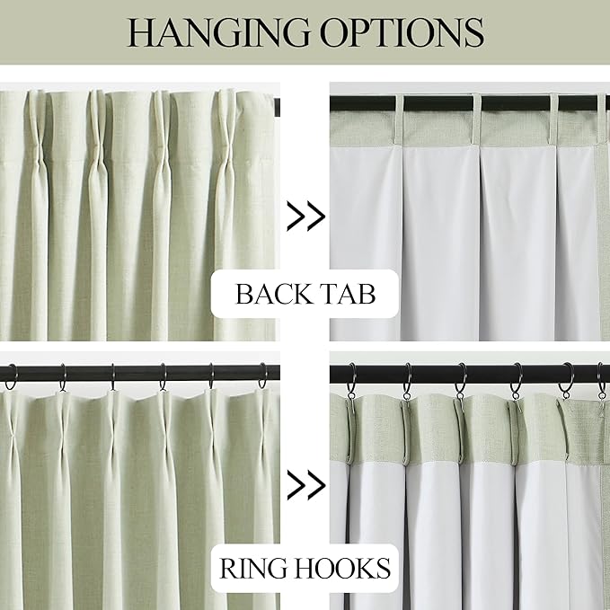 Vision Home Soft Green Pinch Pleated Full Blackout Curtains Linen Blended Room Darkening Window Panels 84 inch for Living Room Bedroom Thermal Insulated Pinch Pleat Drapes with Hooks 60" Wx84 Lx1