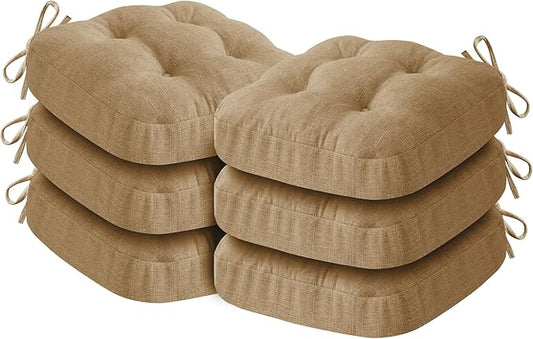 Chair Cushions for Dining Chairs, Dining Chair Cushions, Tufted Indoor Chair Pads with Ties & Non Slip Backing, Seat Cushions for Kitchen Chairs 16.5” x 16.5” x 3.5”, Set of 6, Khaki