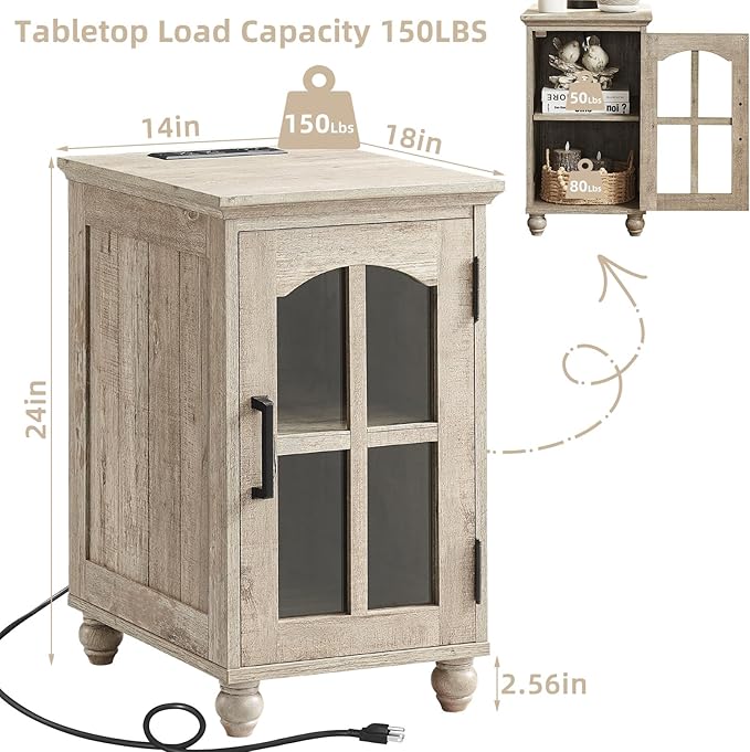 Narrow Side Table,Farmhouse Nightstand with Charging Station,Wood End Table with Glass Barn Door Storage, Cabinet Organizer with Adjustable Shelf, Night Stand for Small Spaces for Living Room Bedroom