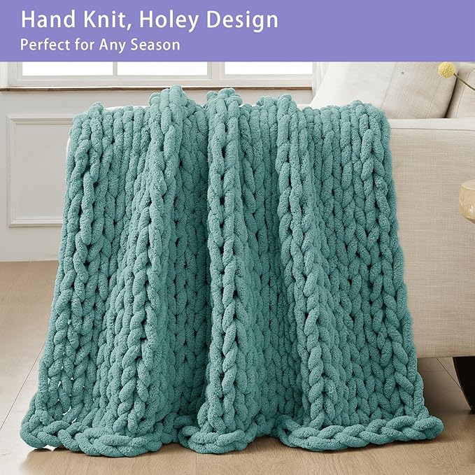 Bigacogo Chunky Knit Throw Blanket for Couch, 40x80 inches, 100% Hand Knitted with Thick Jumbo Chenille Yarn, Cozy Soft Large Rope Knot Cable Crochet Blankets for Sofa Bed Living Room, Light Teal