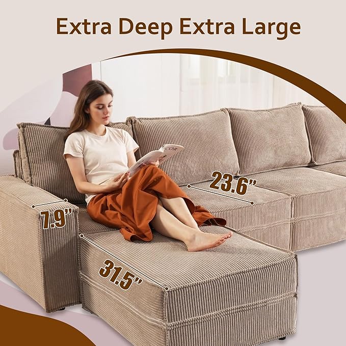 HOOOWOOO Modular Sectional Sofa Couch,Matching Free Combination Cloud Couch Armless Chair(Camel Corduroy)