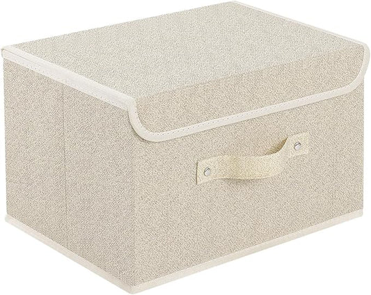Storage Boxes, Collapsible Storage Bins with Lids, Cotton and linen cloth Storage Baskets with Handle, for Books, Closet, Bedroom, Home, 13x9.1x7.9 in, Grey and Beige
