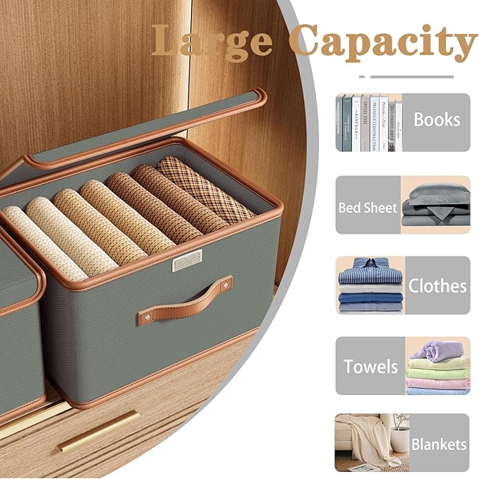 Tuza 4 Pack Storage Bins with Lids, Collapsible Closet Organizer Container, Fabric Organizer Box with Handles, Decorative Storage Boxes with Lids for Organizing Clothes, Blanket, Grey, Medium