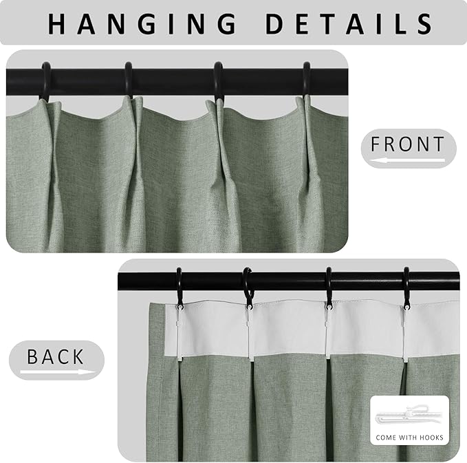 Macochico 100”Wx102”L 100% Blackout Pinch Pleated Linen Curtains for Sliding Door Bedroom Living Room Farmhouse Thermal Insulated Fog Green Burlap Drapes with Tieback 1 Panel Shabby Chic Style