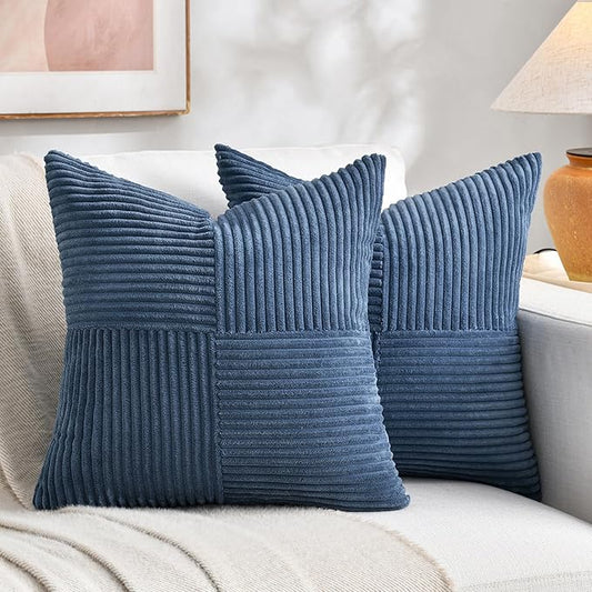 Fancy Homi 2 Packs Dusty Blue Decorative Throw Pillow Covers 20x20 Inch for Living Room Couch Bed Sofa, Rustic Farmhouse Boho Home Decor, Soft Corss Corduroy Patchwork Accent Cushion Case 50x50 cm