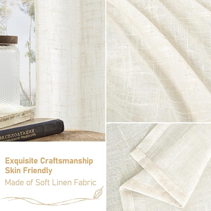 LAMIT Cream Linen Sheer Curtains 84 inch for Living Room, Linen Textured Light Filtering Drapes Bronze Grommet Boho Panels for Farmhouse/Living Room, 2 Panels, 52 x 84 Inch