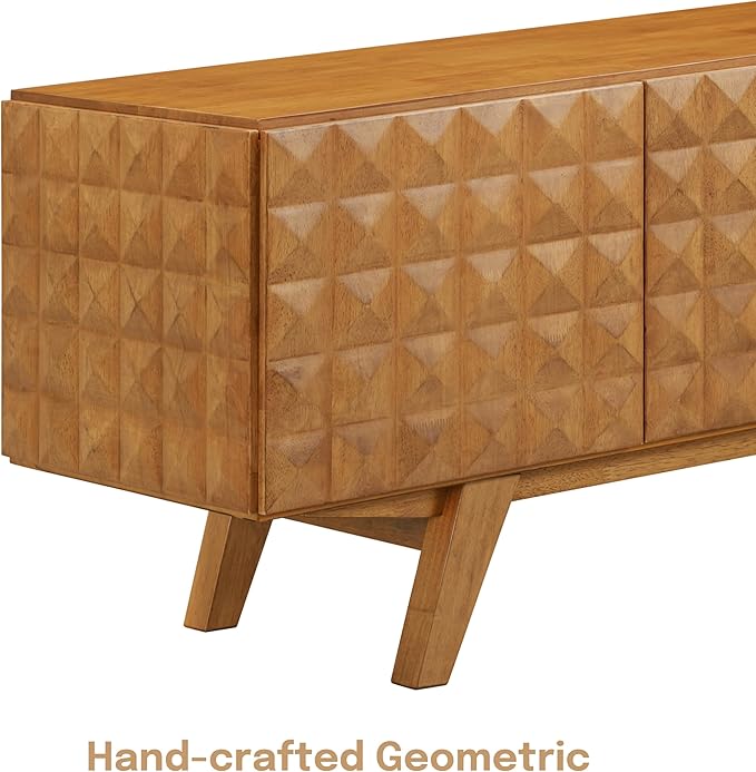 NTC Sapa Mid-Century Modern Solid Wood TV Stand 4-Door Media Console with Carved Geometric Fronts for TVs up to 75", Effortless Assembly, Teak Look