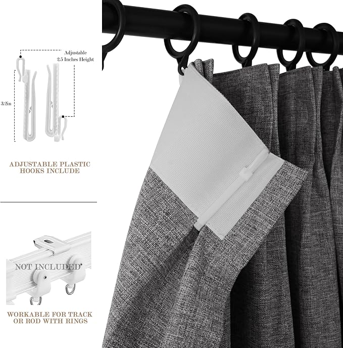 100" W x 96" L Faux Linen Room Divider Curtains, Full Blackout Pinch Pleated Drapes for Traverse Rod, Bedroom Divider Privacy Drapery with Hooks for Ceiling Track, 1 Panel, Gray
