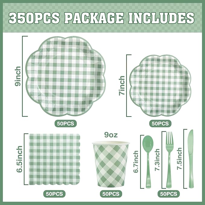 350 Pcs Sage Green Gingham Paper Plates and Napkins Party Supplies - Sage Green and White Checkered Plates Scalloped Plaid Plate for Birthday Dinner Picnic BBQ Party Decorations, Serve 50 Guests
