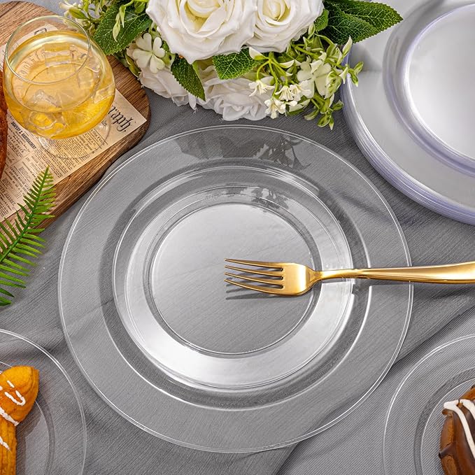 FLOWERCAT 60PCS Clear Plastic Plates - Disposable Clear Plates Heavy Duty for Party/Wedding/New Year - Include 30PCS 10.25inch Dinner Plates and 30PCS 7.5inch Dessert/Salad Plates