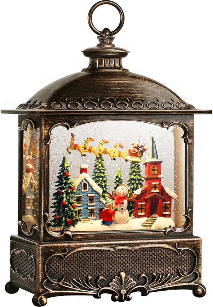 Christmas Snow Globe Lantern Christmas Decorations Gifts Snowman Santa Claus Church Village Scene Musical Glitter Snowfall USB/Battery Timer 12 inch