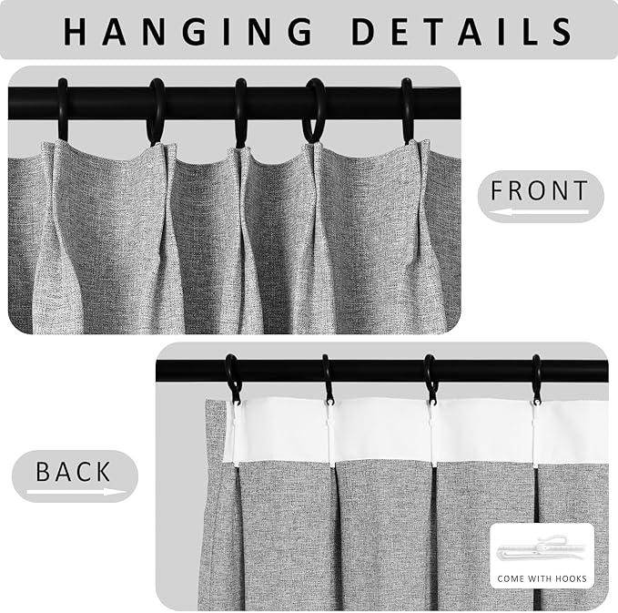 Macochico Pinch Pleated Blackout Curtains 102 Inches Long 100% Light Blocking Light Grey Linen Drapes for Bedroom Living Room Farmhouse Shabby Chic Burlap Curtains with Tieback 72”Wx102”L 1 Panel