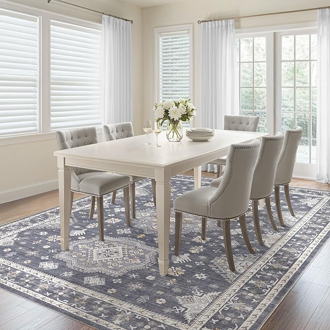 Washable Area Rugs for Living Room -8x10 Neutral Vintage Distressed Floral Farmhouse Boho Large Soft Floor Rug Indoor Non Slip Carpet for Living Room Bedroom Dining Room Office - Denim Blue/Grey