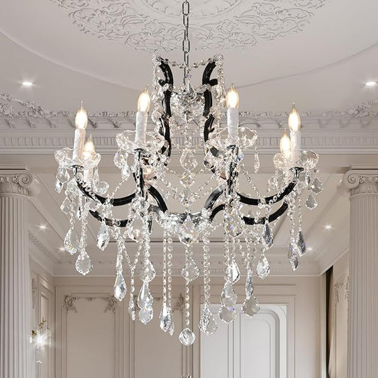 Modern Crystal Chandeliers, Black Chandelier Light Fixtures, 29''Candle Chandeliers for Staircase Hallway Living Room Entryway, 8 Lights
