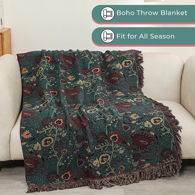 Boho Fall Throw Blanket for Bed，100% Ultra Cotton Soft Breathable Bed Throw Floral Printed Farmhouse Decor Rustic Bed Throws for Couch Sofa Quilt 90" x 98"