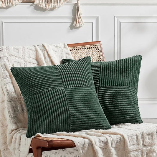 Fancy Homi Set of 2 Dark Green Decorative Throw Pillow Covers 20x20 Inch for Living Room Couch Bed, Boho Farmhouse Forest Green Home Decor, Soft Corss Corduroy Patchwork Textured Cushion Case