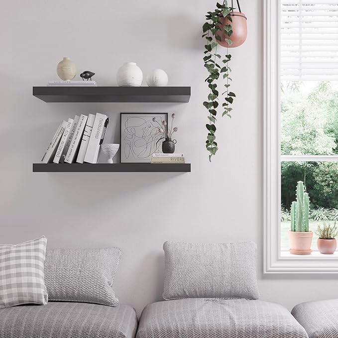 Floating Shelf, Set of 2 Wall Shelf, 30 in W x 12.75 in D x 2 in H Wooden Floating Wall Shelf with Invisible Brackets for Living Room/Bedroom/Bathroom/Kitchen Storage and Decor, Black