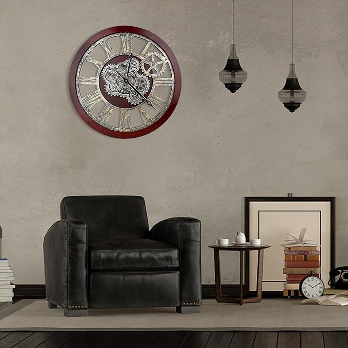 HOIBAI Farmhouse Vintage Industrial Oversized Wall Clock - 24 in (60cm) Moving Gear Wall Clock for Living Room Decor