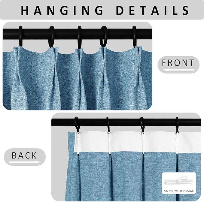 Macochico 100% Blackout Blue Linen Curtains 84 Inches Long Pinch Pleated Burlap Curtains for Bedroom Living Room Farmhouse Nursery Thermal Window Panels with Tieback 72”Wx84”L 1 Panel