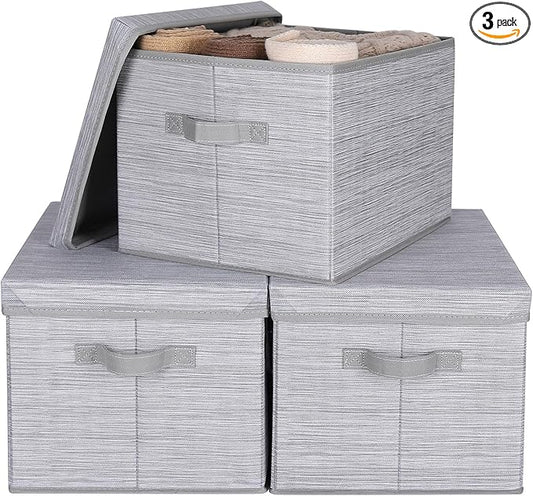 WUIKE 3 Pack Extra Large Closet Storage Bins with Lids, Gray Storage Boxes with Handles, Fabric Storage Baskets with Cover for Bedroom