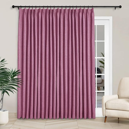 Macochico Extra Wide 100% Blackout Linen Curtains for Sliding Door Pleated Curtains with Hooks Insulated Soft Linen Drapes for Bedroom Living Room with Tieback Lilac 100”Wx84”L 1 Panel