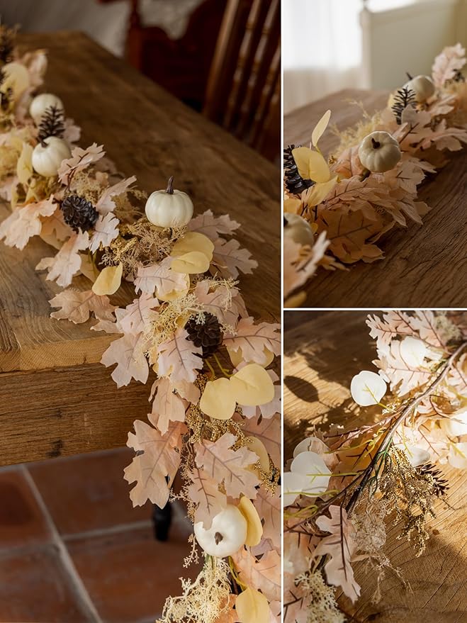MISSPIN 6FT Boho Fall Garland, Fall Decor Autumn Maples Leaf Garland for Autumn Decor Hanging Vine for Halloween Thanksgiving Home Wedding Fireplace Party Christmas(Beige)