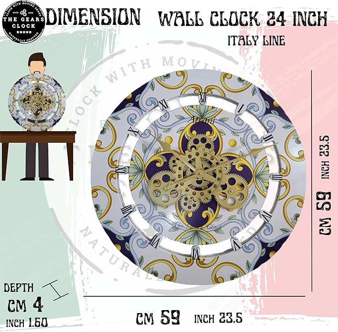 The Gears Clock Wall Clock Italy Collection with Moving Gears (Positano, 24 inch Round)