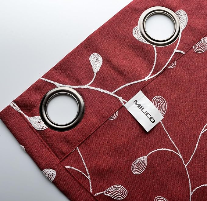 MIUCO Floral Embroidered Semi Sheer Curtains Faux Linen Grommet Window Curtains for Bedrooom 52 x 84 Inch 2 Panels, Burgundy