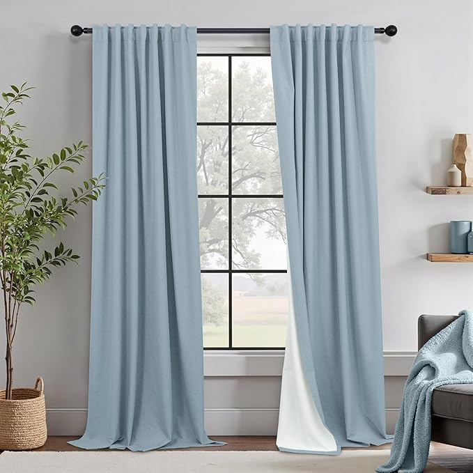 100% Blackout Curtains 90 Inches Long for Living Room 2 Panels Set Light Blocking Heat Darkening Energy Saving Curtain Window Coverings Coastal Beach Linen Farmhouse Drapes Bedroom Stone Blue Chambray