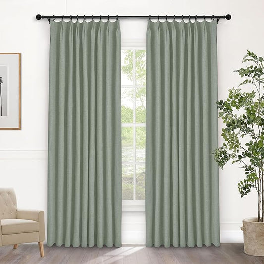 Macochico Pinch Pleated Blackout Linen Curtains 96 Inches Long 100% Light Blocking Burlap Curtains for Bedroom Living Room Thermal Window Panels with Tieback 72”Wx96”L Fog Green 1 Panel