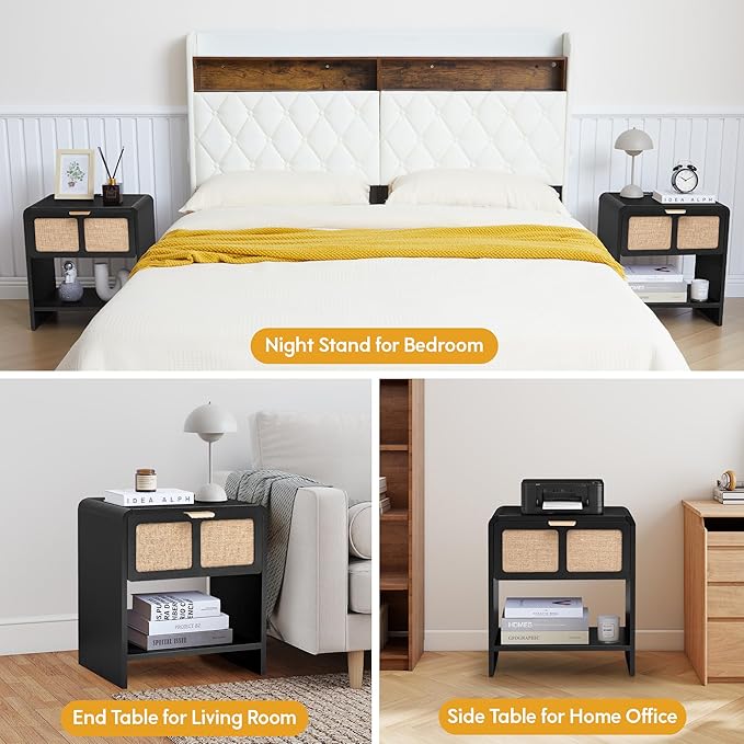 LEVNARY Nightstand with Charging Station, Mid-Century Modern Bedside Table with Curved Top Corners and Fabric-Like Textured Drawer, Wooden End Table for Farmhouse Bedroom Living Room (1, Black)