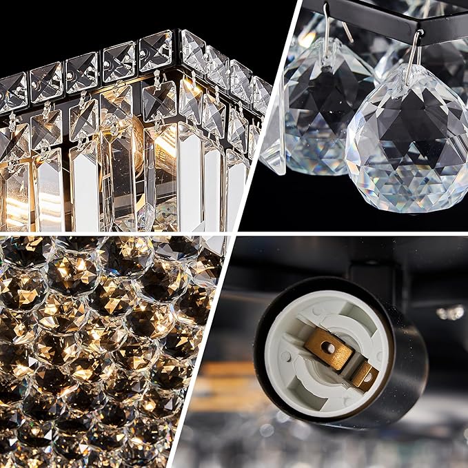 12-Lights Black Crystal Flush Mount Ceiling Light Fixtures,Elegant Crystal Chandelier Pendant Ceiling Lamp for Bedroom,Living Room,Dining Room,Hallway H5.9 x W20 x L20 (Bulb Not Included)Square