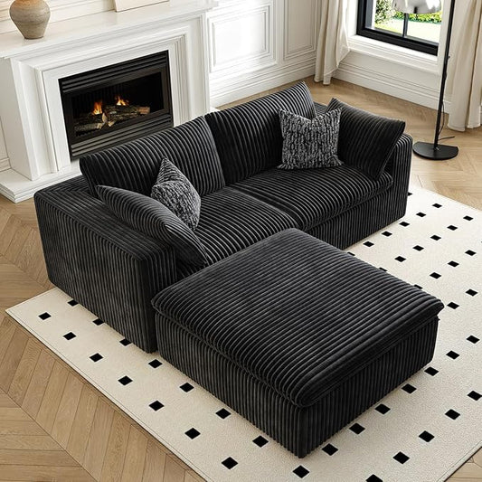 LoveSeat Cloud Couch Modular Sectional Sofa for Living Room,Modern Sofa with Deep Seat，2 Seater Boneless Couch with Ottoman,Comfy Upholstered Couches for Apartment, Studio, Office,Bedroom，Black