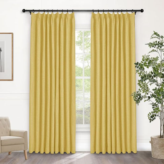 Macochico Pinch Pleated Blackout Linen Curtains 96 Inches Long 100% Light Blocking Burlap Curtains for Bedroom Living Room Thermal Window Panels with Tieback 72”Wx96”L Yellow 1 Panel