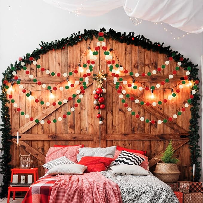 Jishi Christmas Pom Pom Garland Christmas Decorations for Tree Indoor Home Room Decor 3pk Cute Hanging Felt Ball Red White Green Pompom Bead Ornament String Banner Garland Xmas Birthday Party Supplies