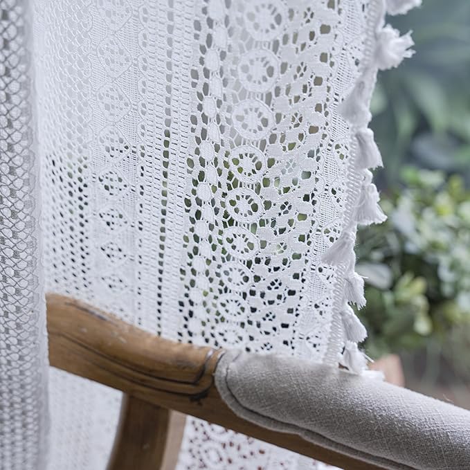 Sutuo Home Boho Curtains Crochet Lace Sheer Bohemian Stylish with Tassels, Window Treatment Privacy Vintage Rustic Farmhouse Drapes for Bedroom, Rod Pocket 1 Panel 59" W x 102" L, White
