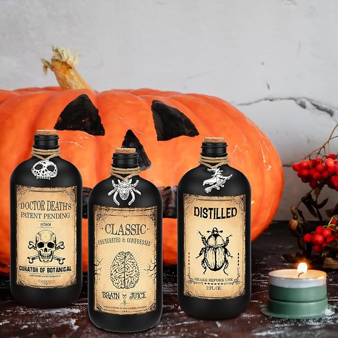 Uiifan 31 Pcs Halloween Potion Bottles Set Including Glass Apothecary Bottles with Cork Stickers and Pendants Halloween Decorations Indoor Party Supplies(Black,16 oz)