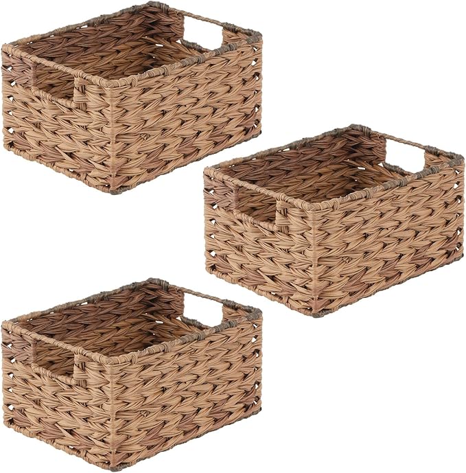 mDesign Woven Farmhouse Kitchen Pantry Food Storage Organizer Basket Bin Box - Container Organization for Cabinets, Cupboards, Shelves, Countertops - Store Potatoes, Onions, Fruit, 3 Pack, Brown Ombre