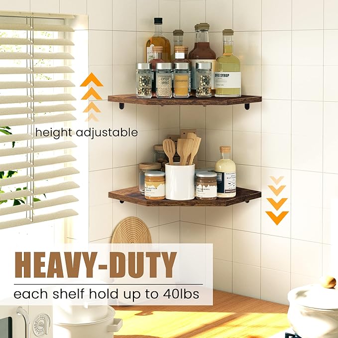 Corner Shelf Wall Mount, Floating Corner Shelves, Set of 2 Corner Wall Shelf Organizer, Rustic Wood Wall Storage Display Shelves for Living Room Bedroom Bathroom Kitchen, Rustic Brown
