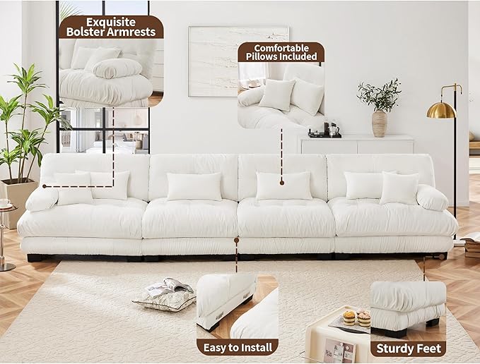Modular Sectional Sofa Cloud Couch 4-Seater Deep Seat Sofa Couch, Oversized Couch Bed Sectional Couch with Round Bolster Armrests 6 Pillows, Modern Sofa Chair Comfy Couch(White)