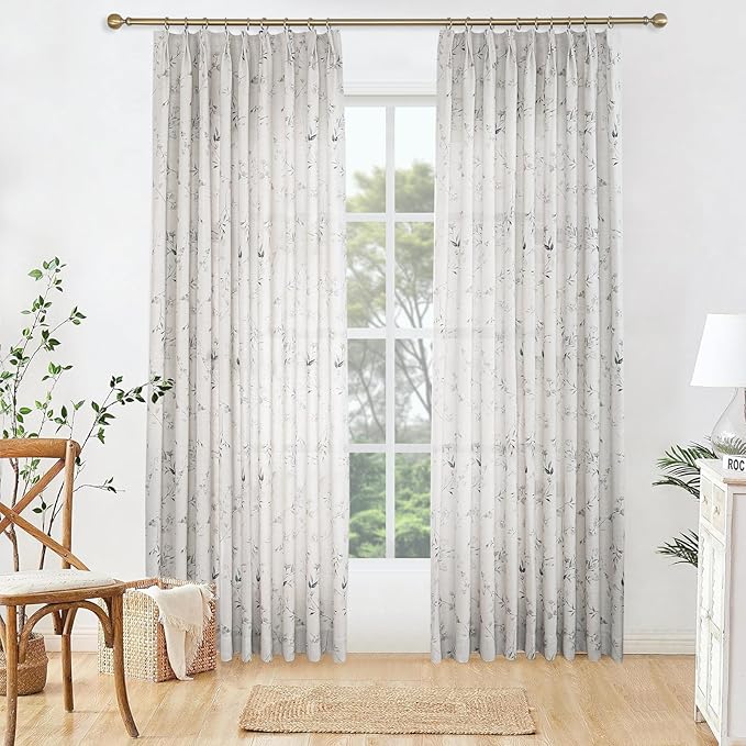 Pinch Pleated Floral Linen Curtains, 72 Inch Wide by 102 Inch Long Printed Curtains for Privacy Light Filtering, Suitable for Living Rooms and Sunrooms.2 Panels