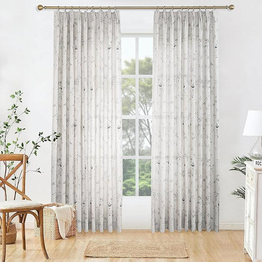 Pinch Pleated Floral Linen Curtains, 72 Inch Wide by 102 Inch Long Printed Curtains for Privacy Light Filtering, Suitable for Living Rooms and Sunrooms.2 Panels