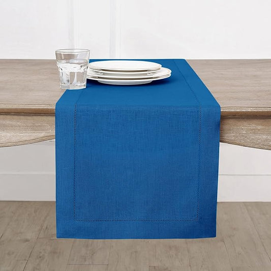Solino Home Linen Table Runner 48 Inches - 100% Pure Linen Indigo Blue Hemstitch Table Runner 14 x 48 Inch Ideal for Dresser and Coffee Tables - Fall, Autumn - Classic Hemstitch