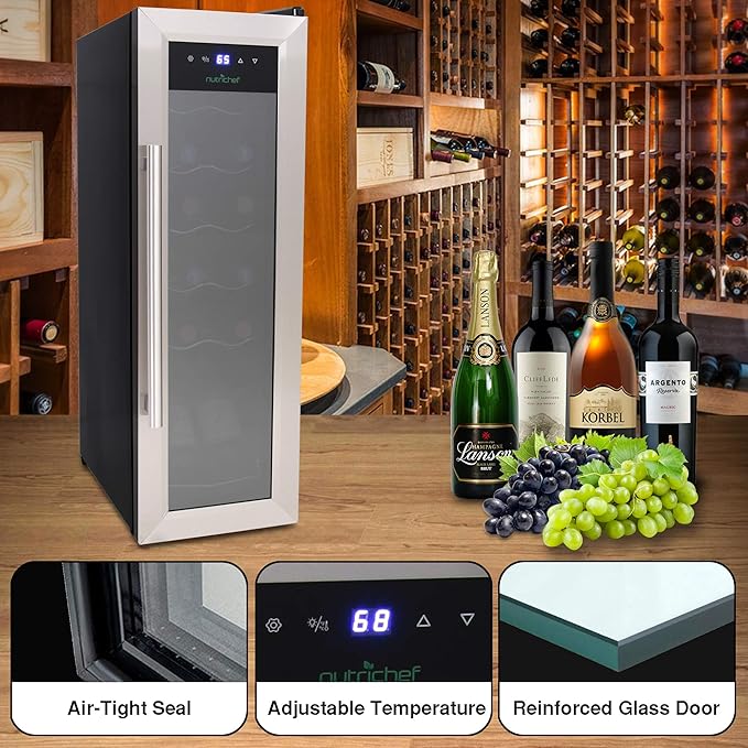 NutriChef PKCWC12 12 Bottle Cooler Refrigerator White and Red Countertop Chiller, Freestanding Compact Mini Wine Fridge with Digital Control, Stainless Steel