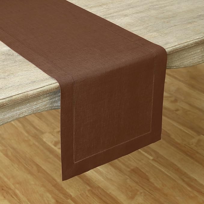 Solino Home Linen Brown Table Runner 72 Inches Long - 100% Pure Linen Hemstitch Table Runner 14 x 72 Inch for Dresser, Dining, Fall, Autumn, Thanksgiving - Classic Hemstitch